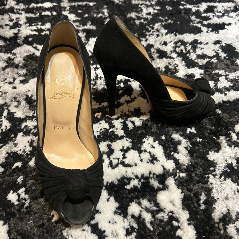 Christian Louboutin Black Suede Peep-Toe Knot Pumps